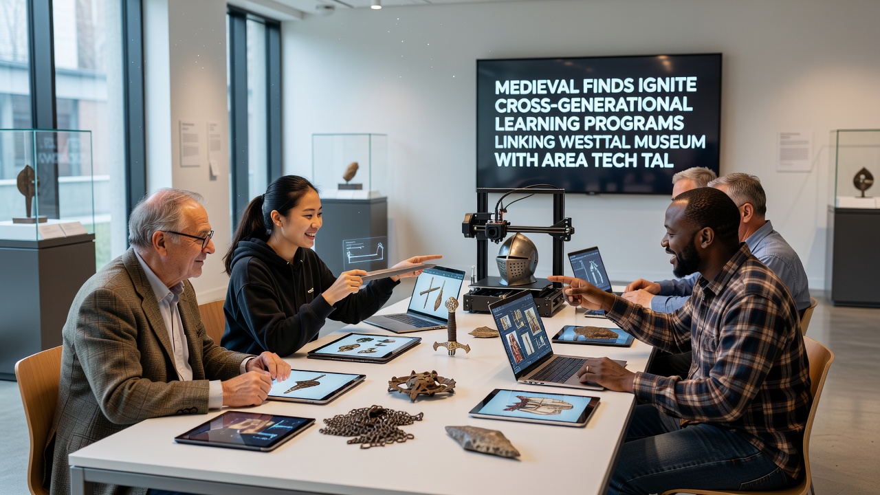 Participants in a cross-generational workshop using digital tools to analyze medieval artifacts at Westtal Museum
