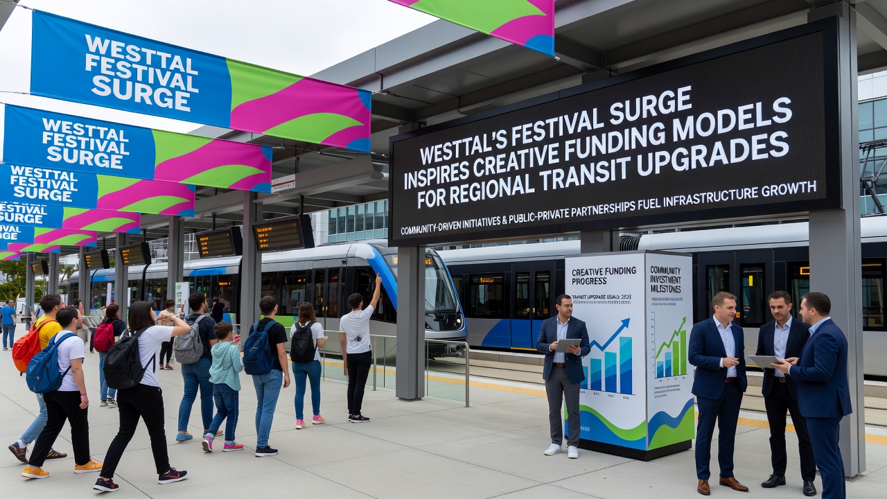 Transit upgrades in progress near Westtal festival grounds, showing new electric buses and improved station infrastructure